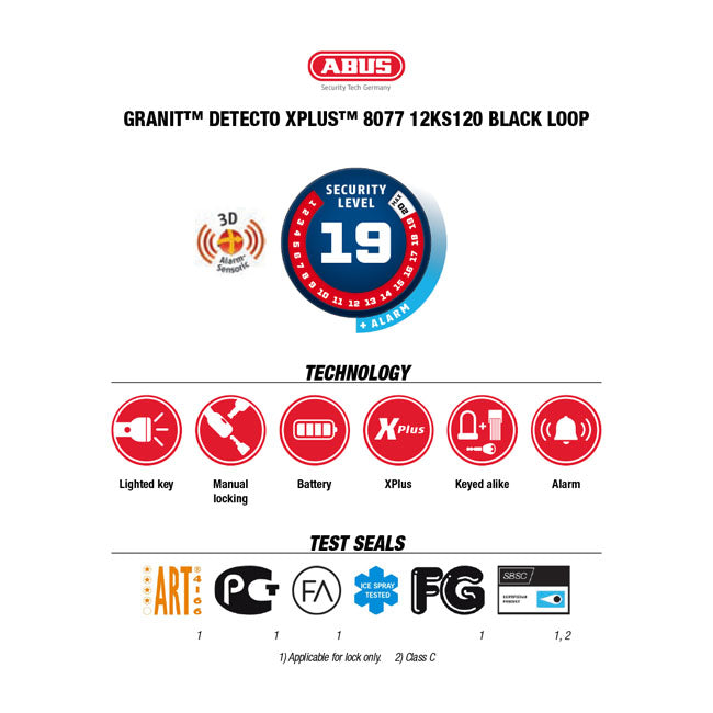 Abus, cadeado Granit Detecto X-plus 8077 e corrente preta