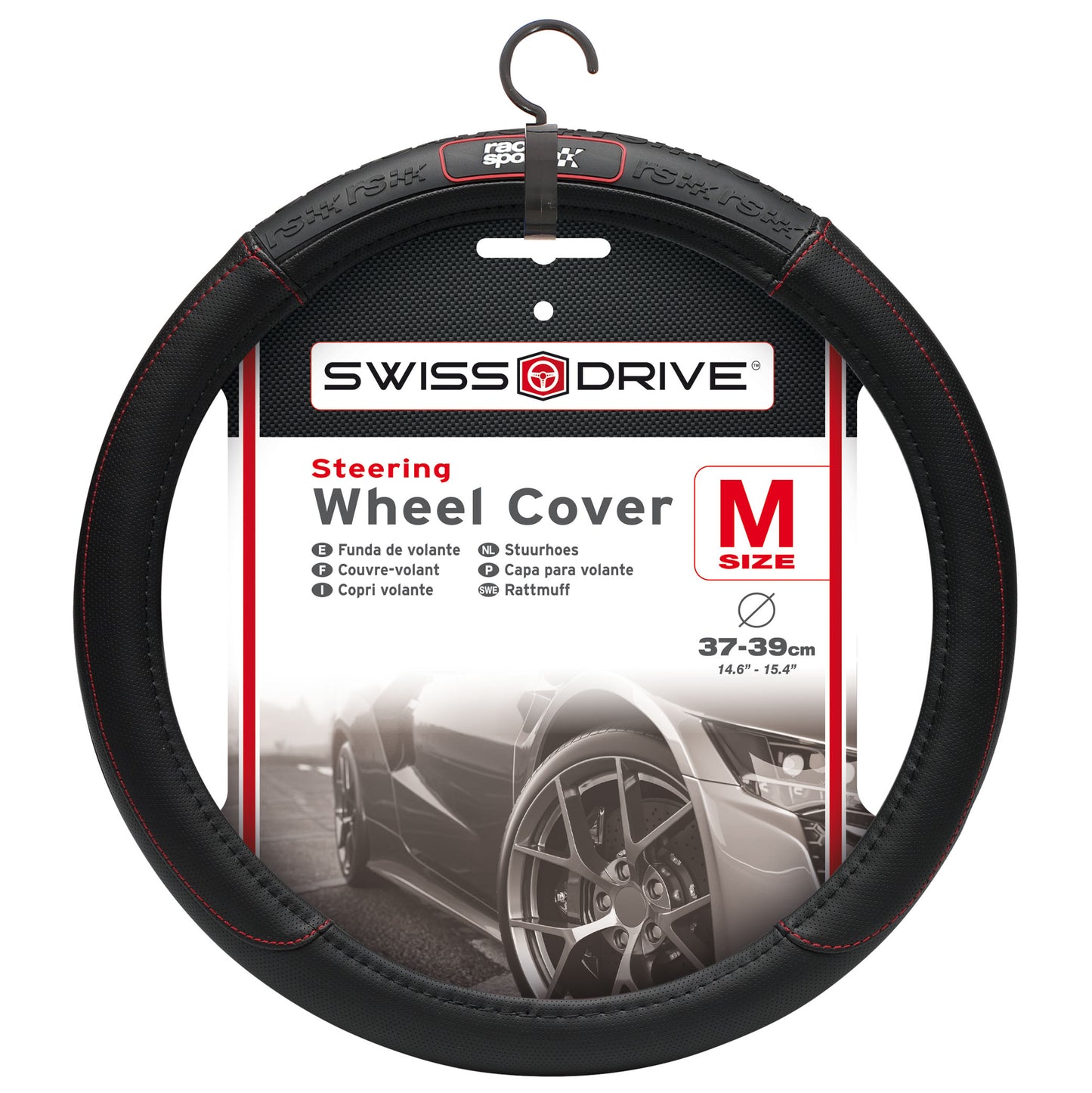 Capa de Volante AUTO " RACE SPORT" cor Negra/ Vermelha Carbono Tamanho M 37-39 cm