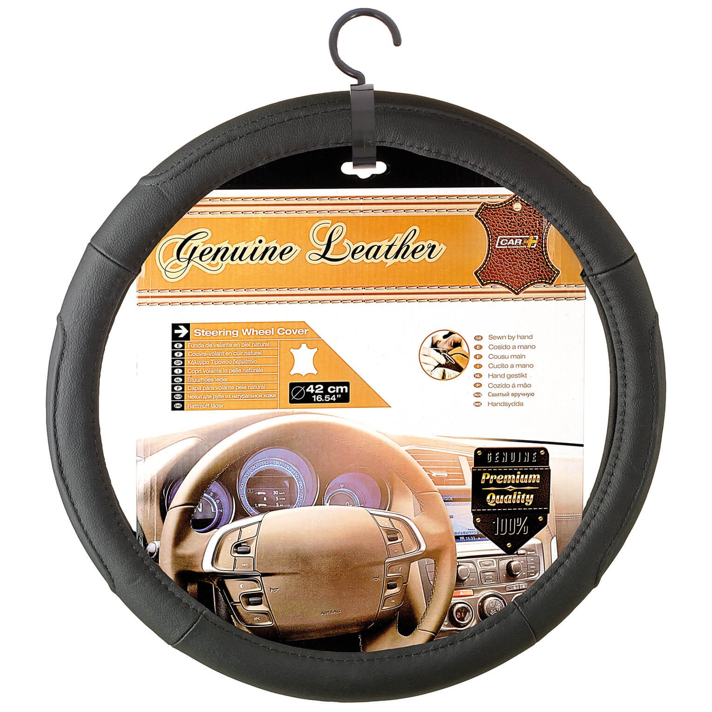 Capa de Volante AUTO " CAR+" Couro Preto para Carrinhas Tamanho L 42 cm