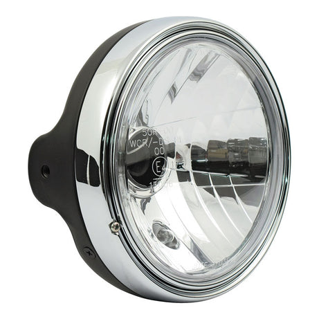 Farol Moto H4 de 7" estilo LTD. Montagem lateral. Lente transparente. Preto