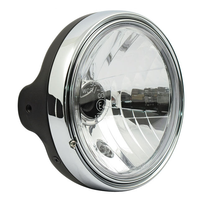 Farol Moto H4 de 7" estilo LTD. Montagem lateral. Lente transparente. Preto