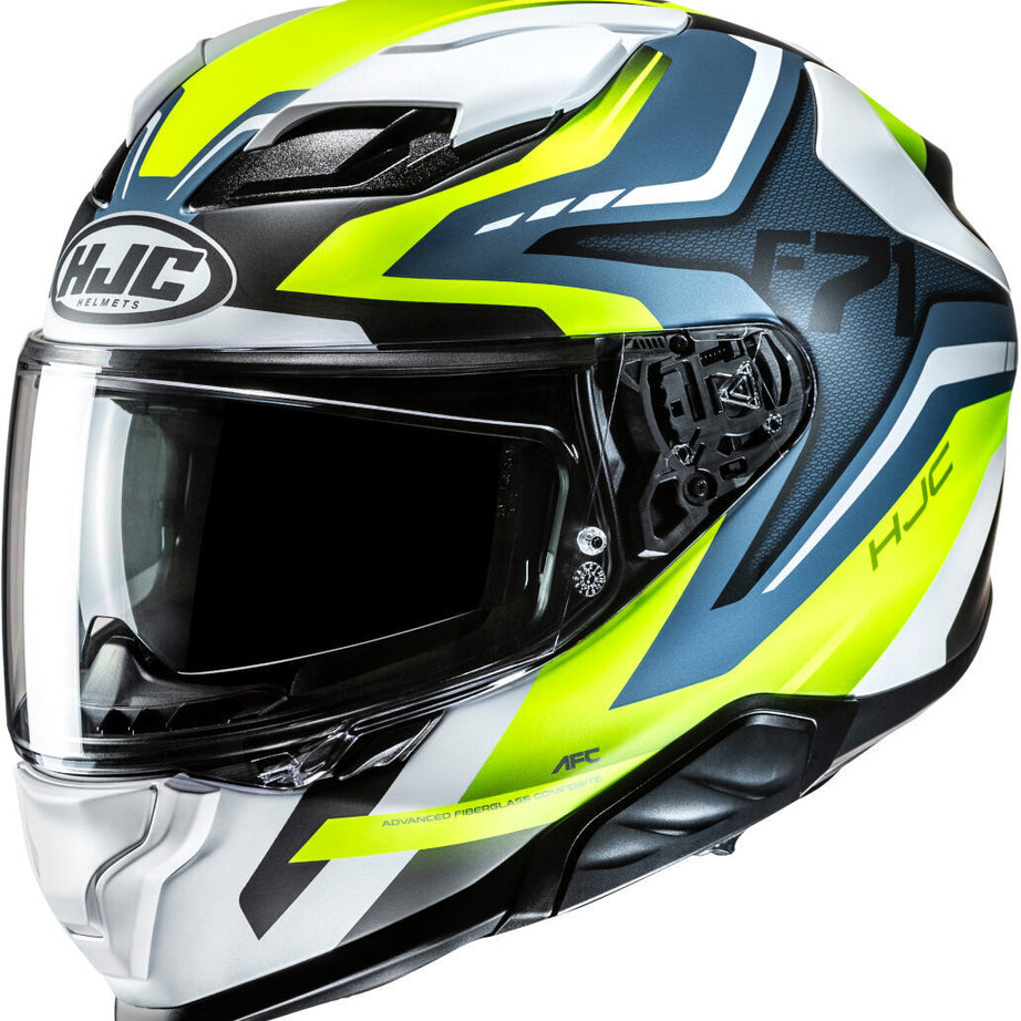 Capacete Integral F71 FES MC21 na cor azul, branco e amarelo do fabricante HJC.
