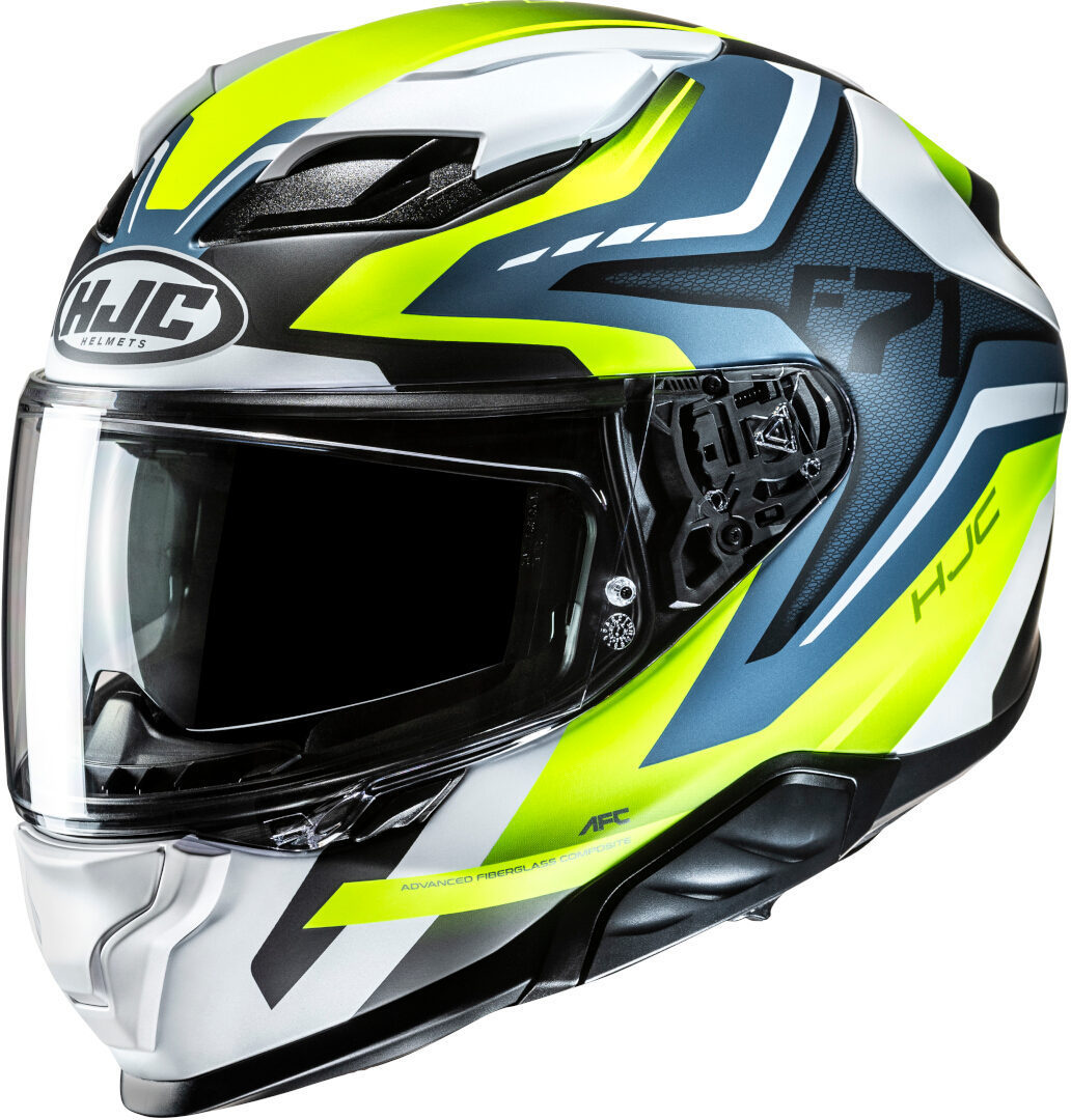 Capacete Integral F71 FES MC21 na cor azul, branco e amarelo do fabricante HJC.