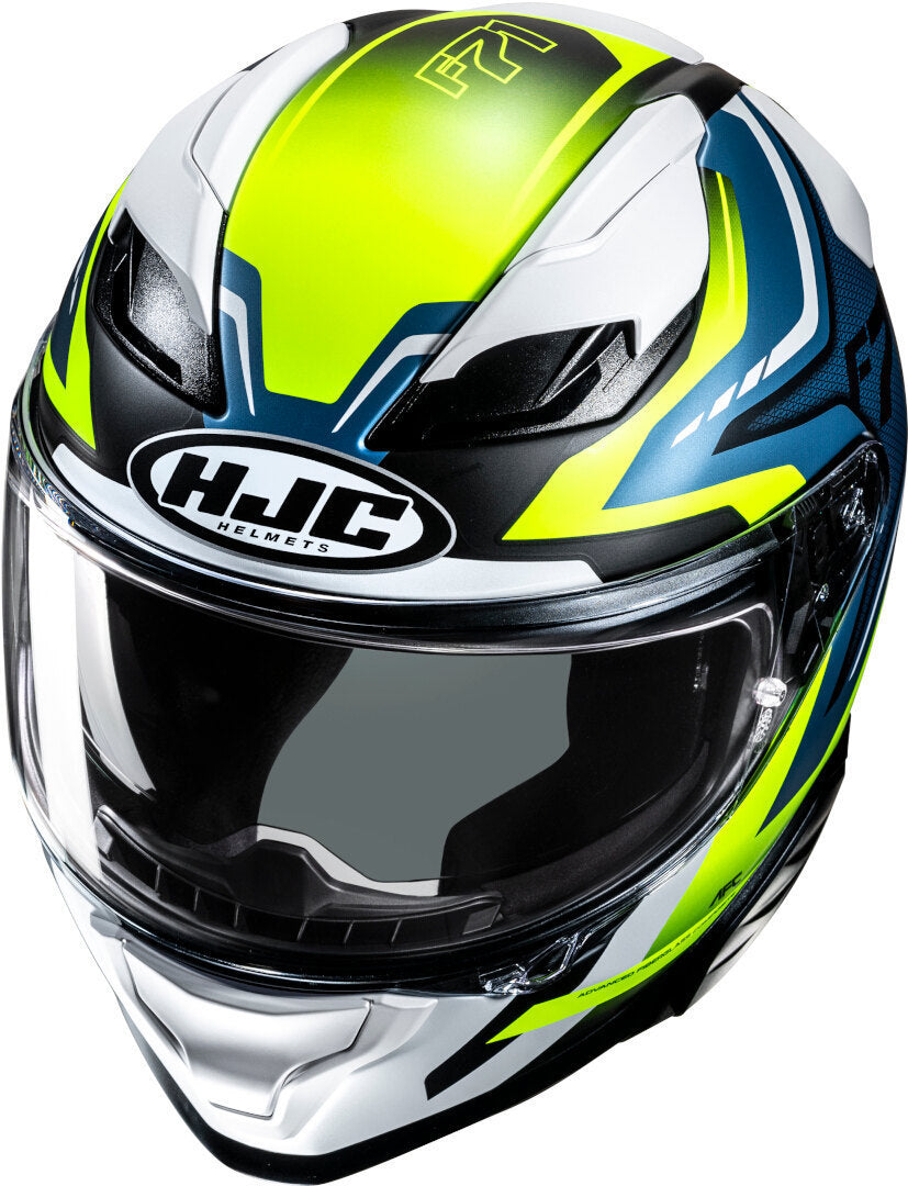 Capacete Integral F71 FES MC21 na cor azul, branco e amarelo do fabricante HJC.