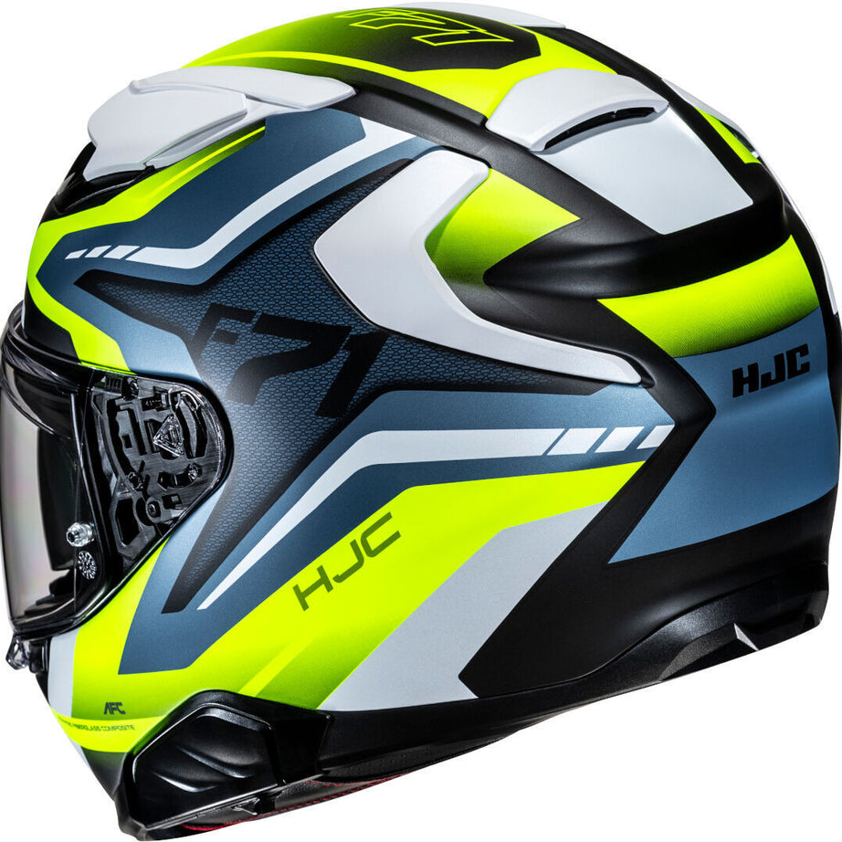 Capacete Integral F71 FES MC21 na cor azul, branco e amarelo do fabricante HJC.