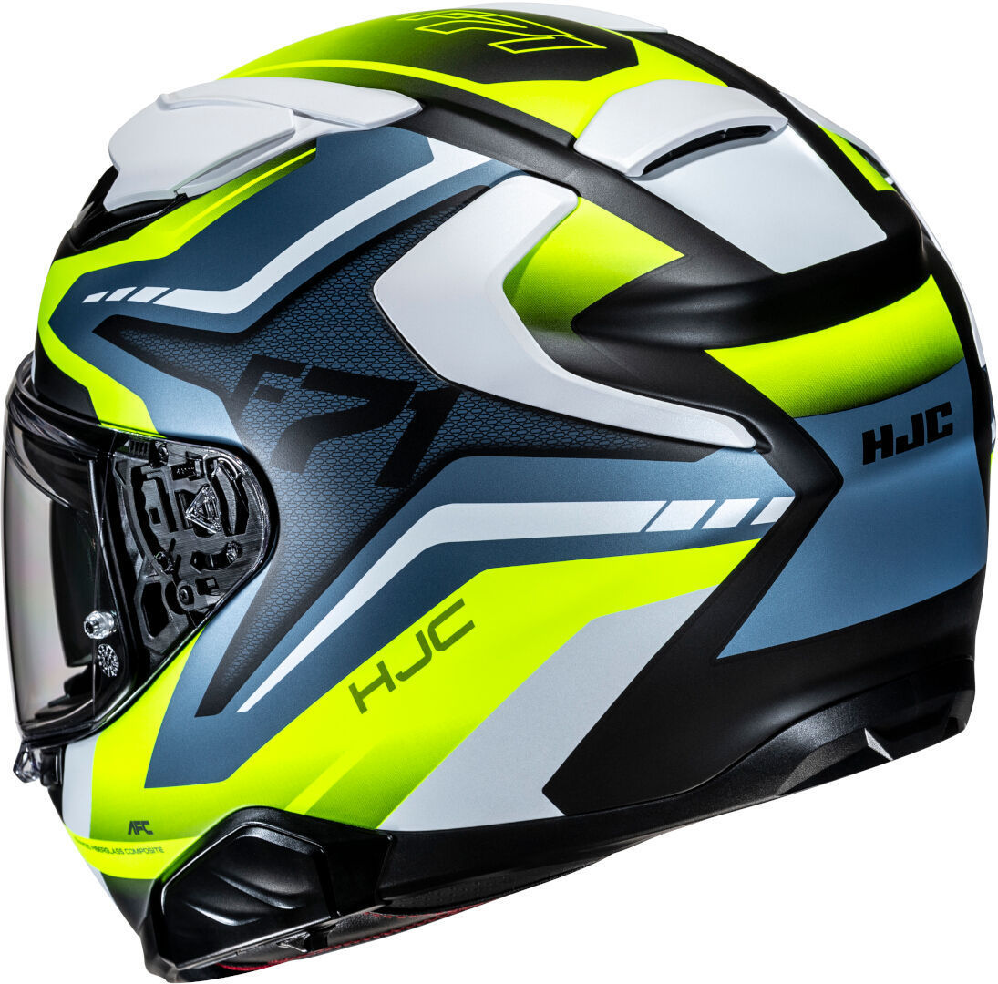 Capacete Integral F71 FES MC21 na cor azul, branco e amarelo do fabricante HJC.