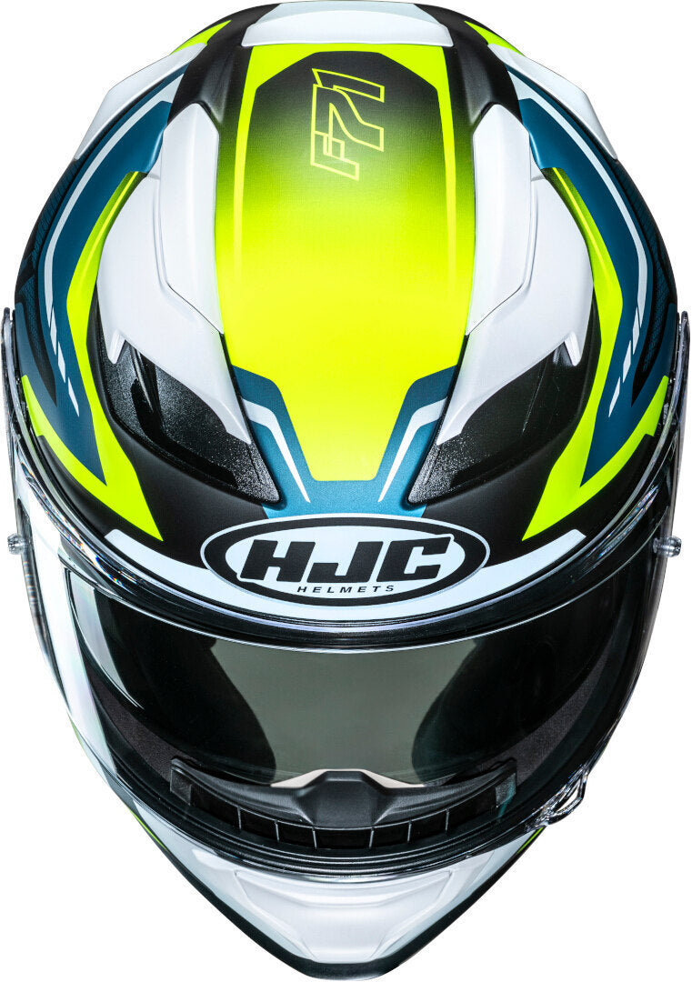 Capacete Integral F71 FES MC21 na cor azul, branco e amarelo do fabricante HJC.