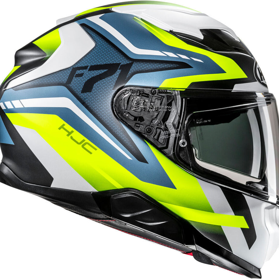 Capacete Integral F71 FES MC21 na cor azul, branco e amarelo do fabricante HJC.